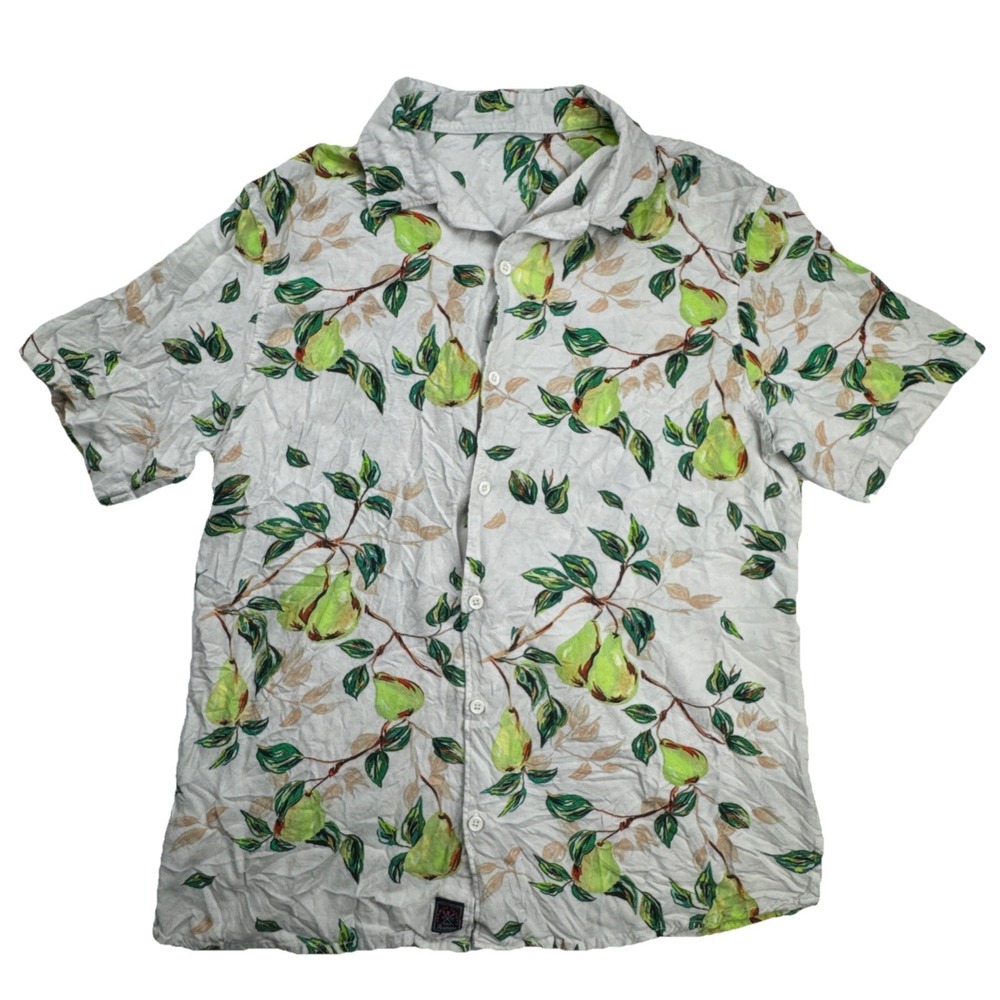 Rumors Button Down Shirt Pear Fruit Print Short Sleeve Casual‎ Size Medium Gray